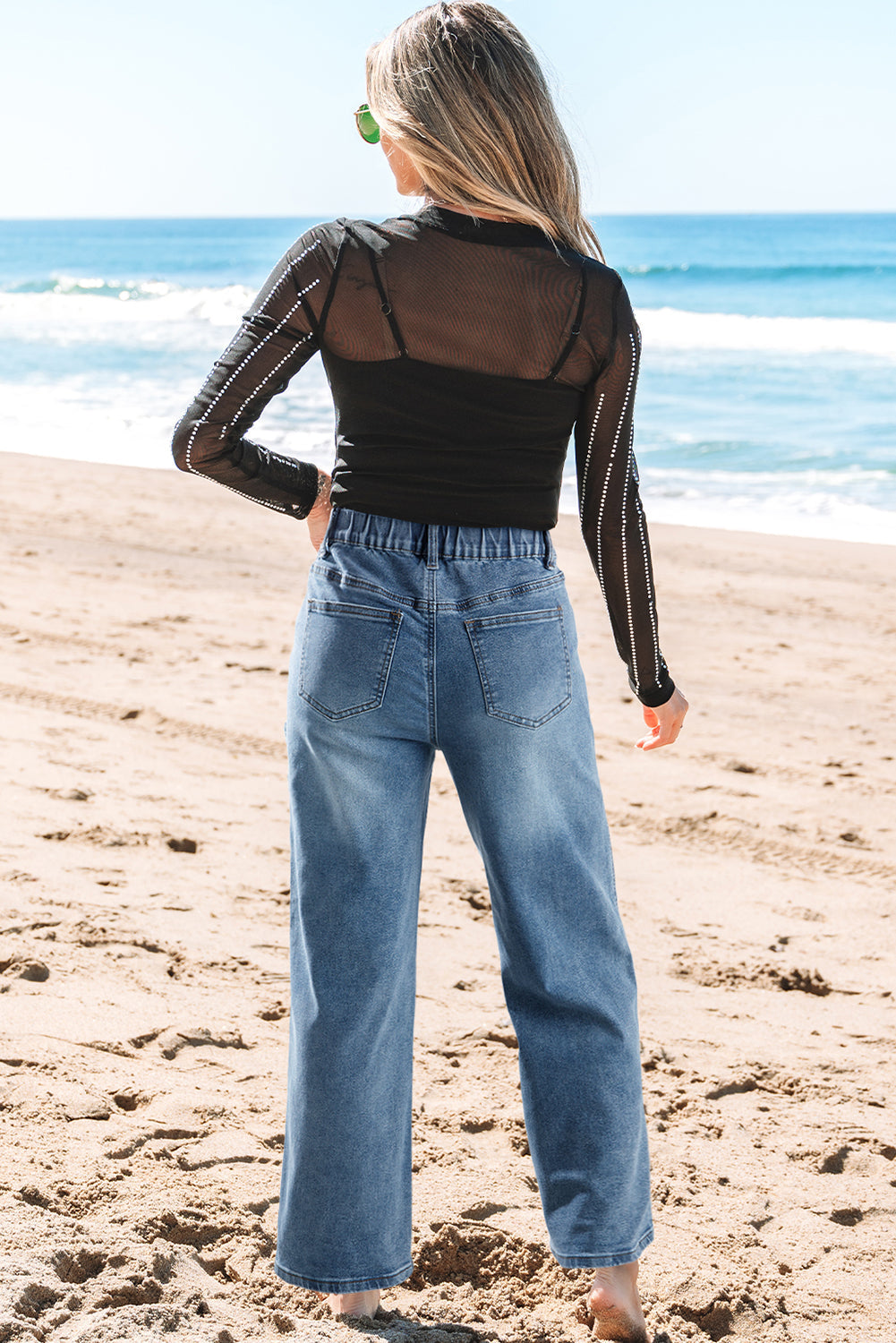 Stone Blue Star Patchwork Cropped Wide Leg High Waist Jeans Love Salve